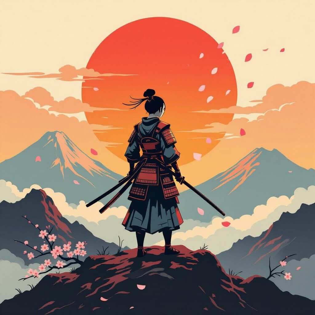 Samurai Warrior at Sunset in Ukiyo-e Style