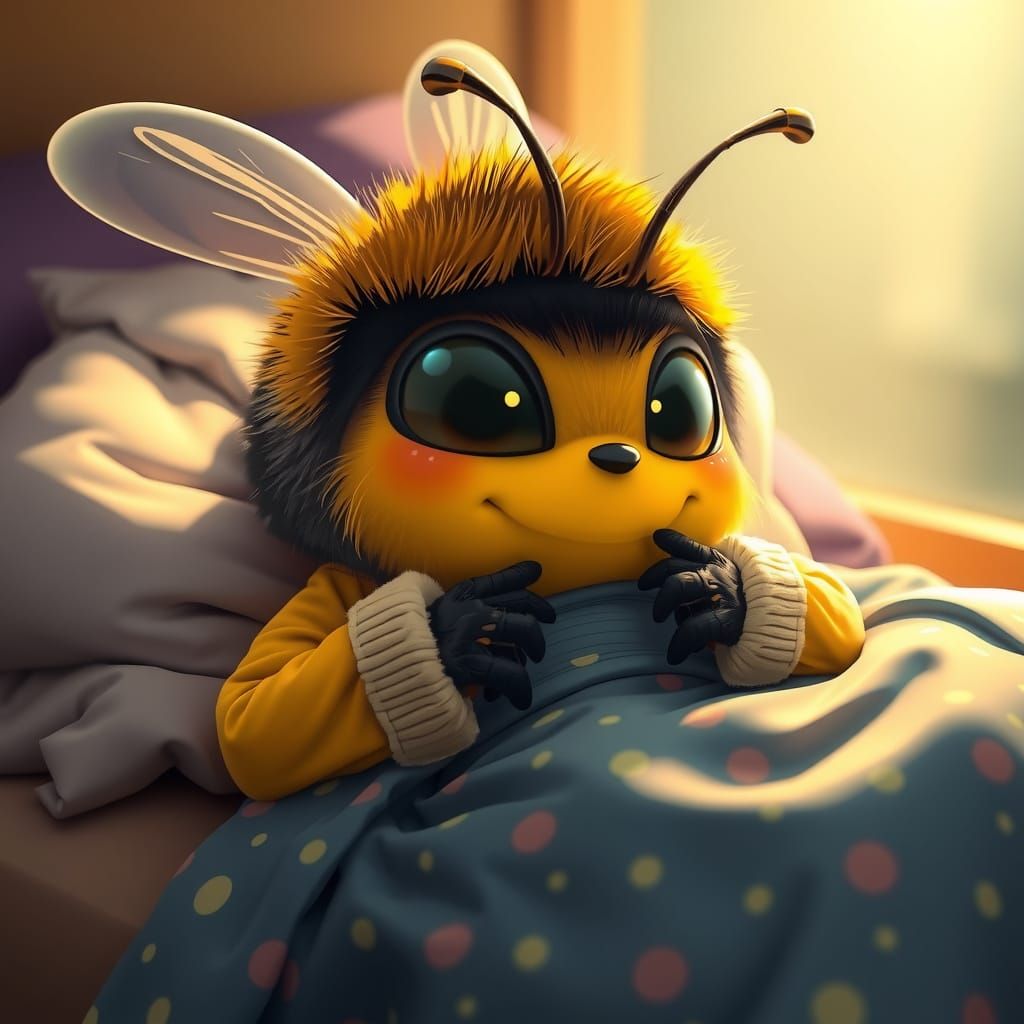 Cartoon Bumblebee in Bed: Hyperrealistic Digital Art