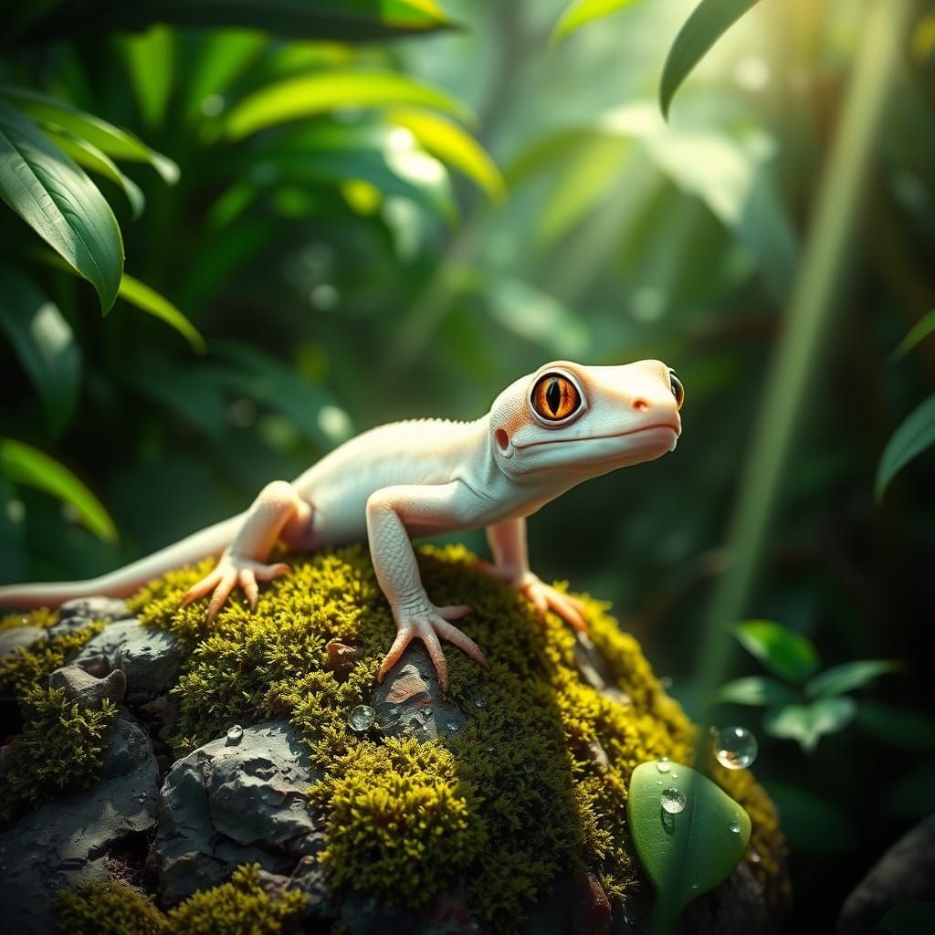 Hyperrealistic White Gecko on Mossy Rock in Jungle