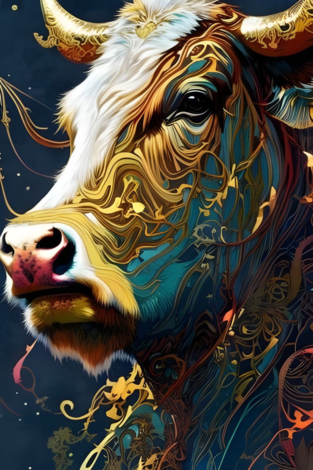 Detailed Cow Portrait with Luminous Colors