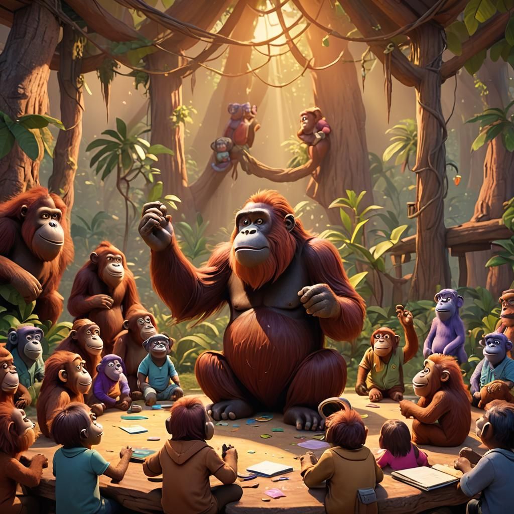 Orangutan Teacher: Pixar-Style 3D Classroom Scene