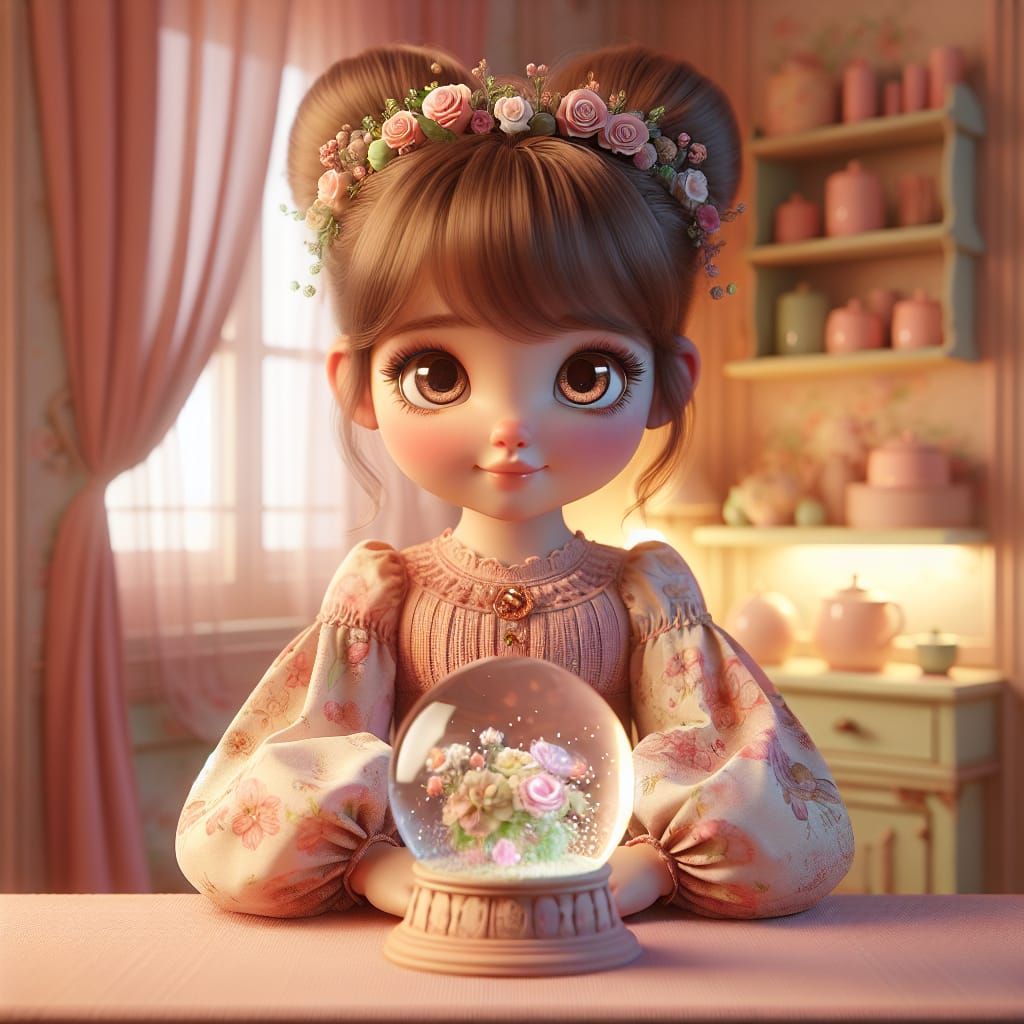 A 3D rendering of an adorable young girl with big round eyes...