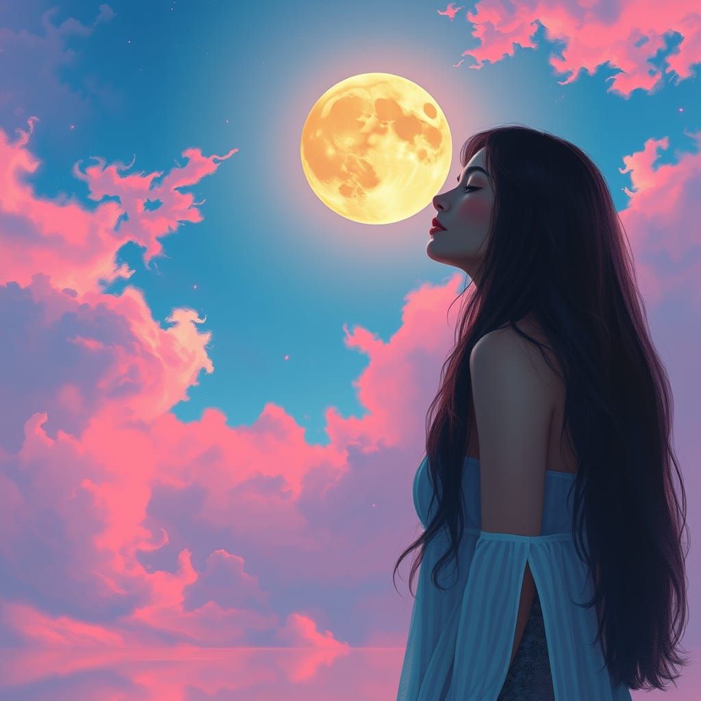 Ethereal Woman Under Cosmic Sky, Digital Art