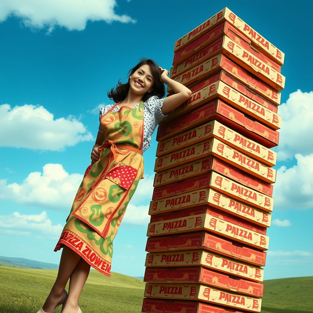 Whimsical Woman Leans Against Colorful Pizza Tower