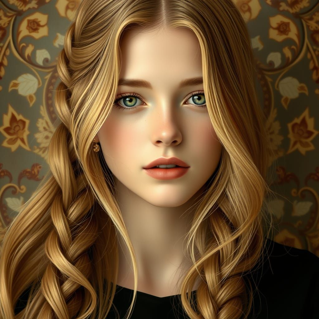 Golden-Haired Woman with Braids in Art Nouveau Style