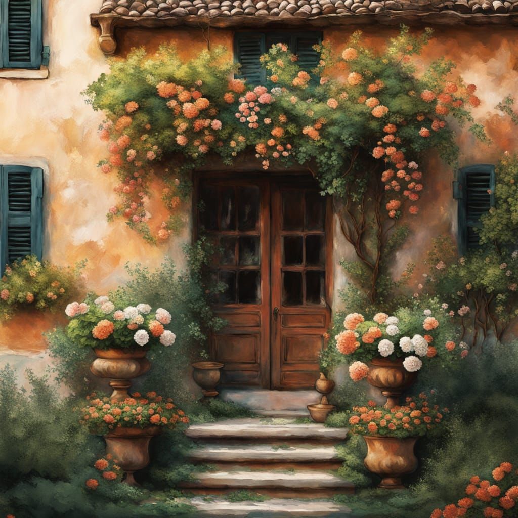 Renaissance Balcony with Blooming Flowers in Oil Paint