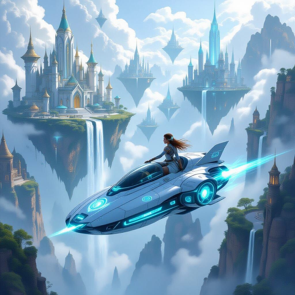 Sorceress in Enchanted Hovercraft: Ethereal Sci-Fi Art