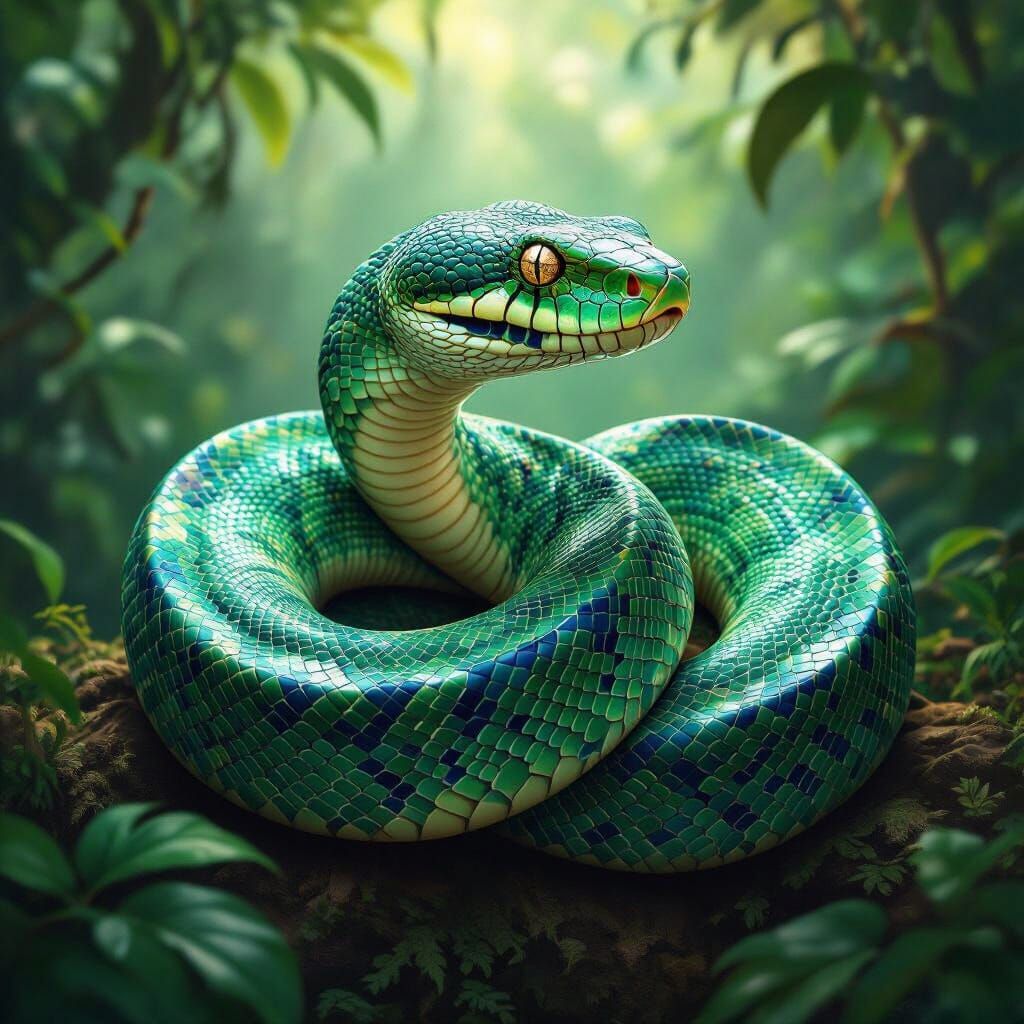 Emerald Python in Sunlit Jungle Digital Painting