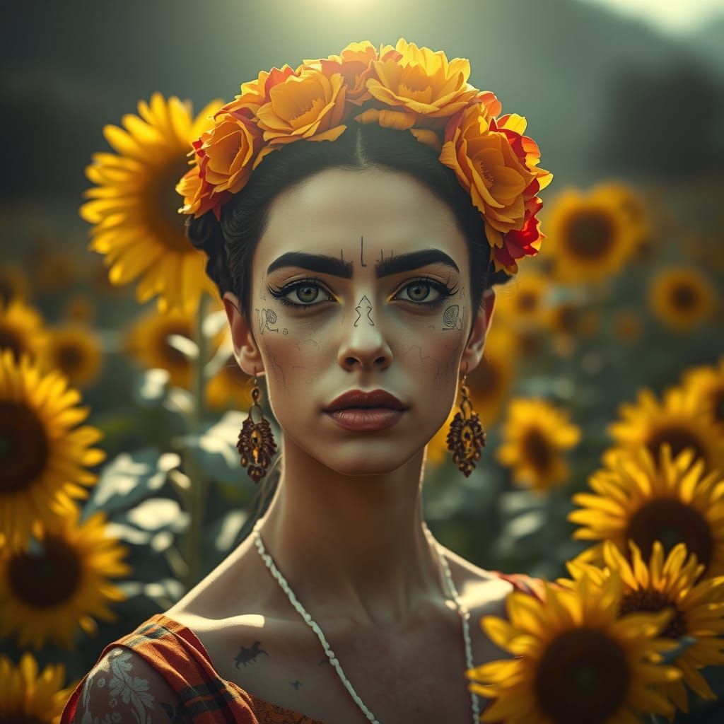 Surreal Woman in Sunflower Field: A Poetic Portrait