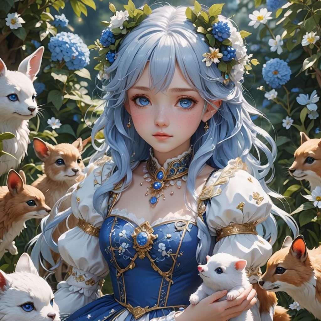 Anime Girl Playing with Animals in Garden