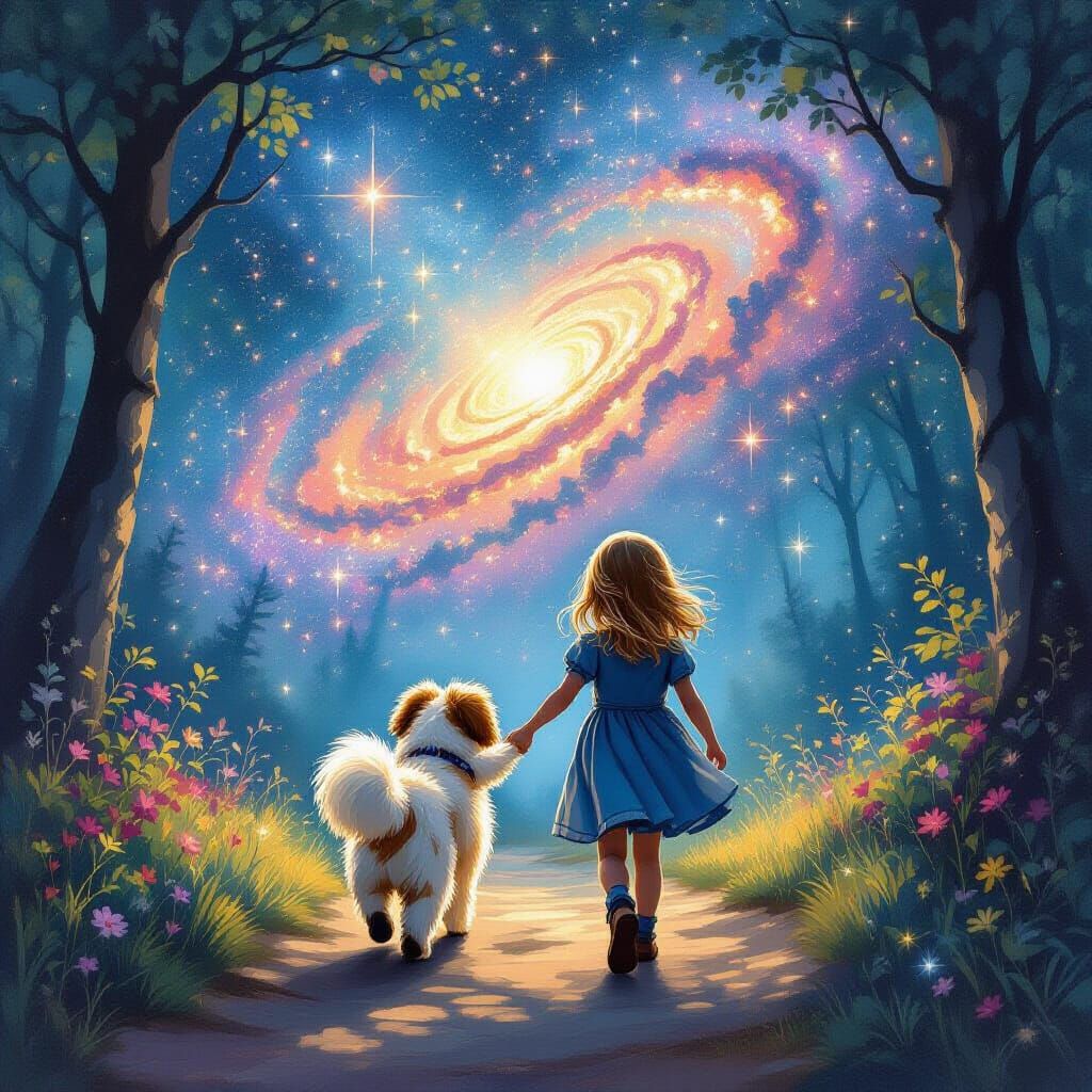 Girl and Dog in Enchanted Forest Nebula