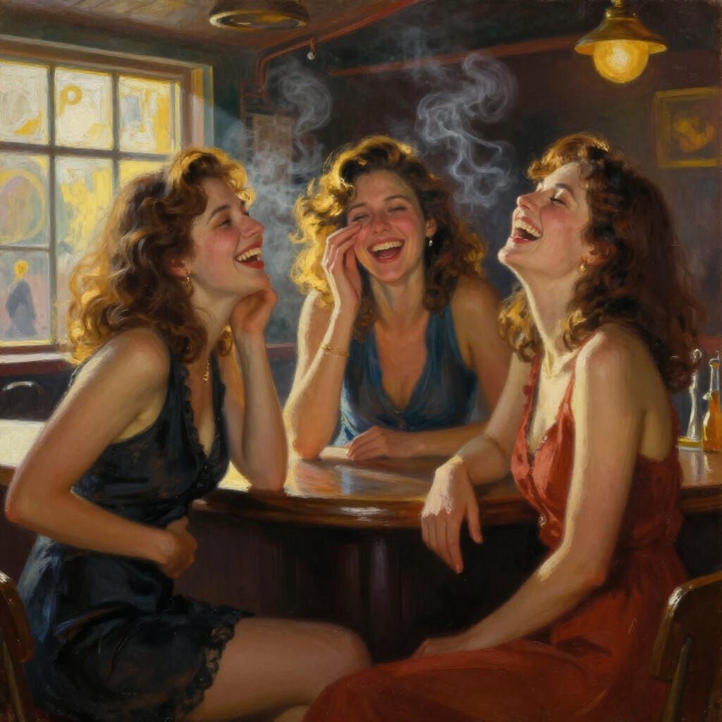 Joyful Friends Laughing in a Classic Bar, Oil Painting Style