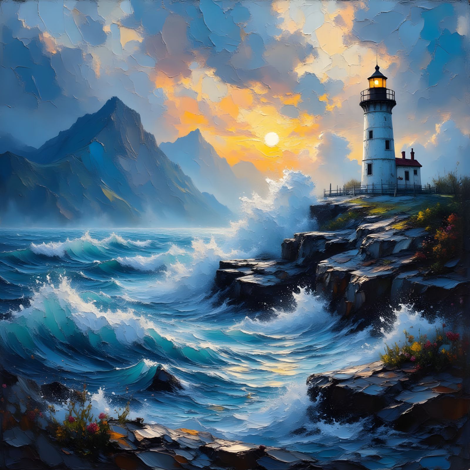 Impasto Lighthouse Amidst Fierce Storm Oil Painting