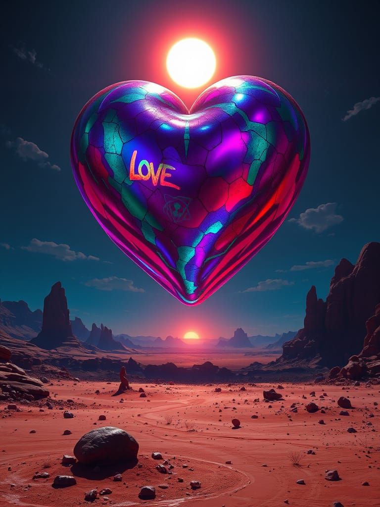 Dark Fantasy Scene with Iridescent Love Heart in a Cyberpunk...