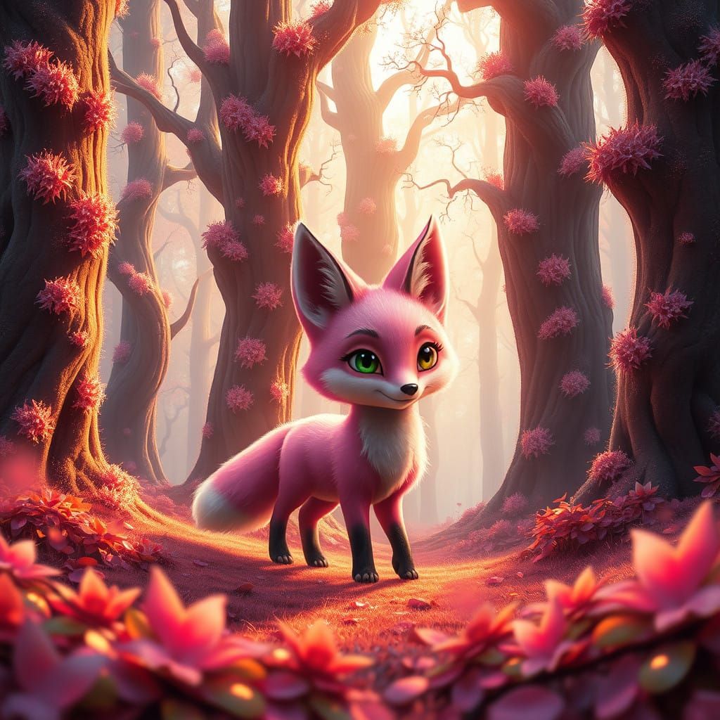Enchanted Pink Fox in Whimsical Forest Landscape