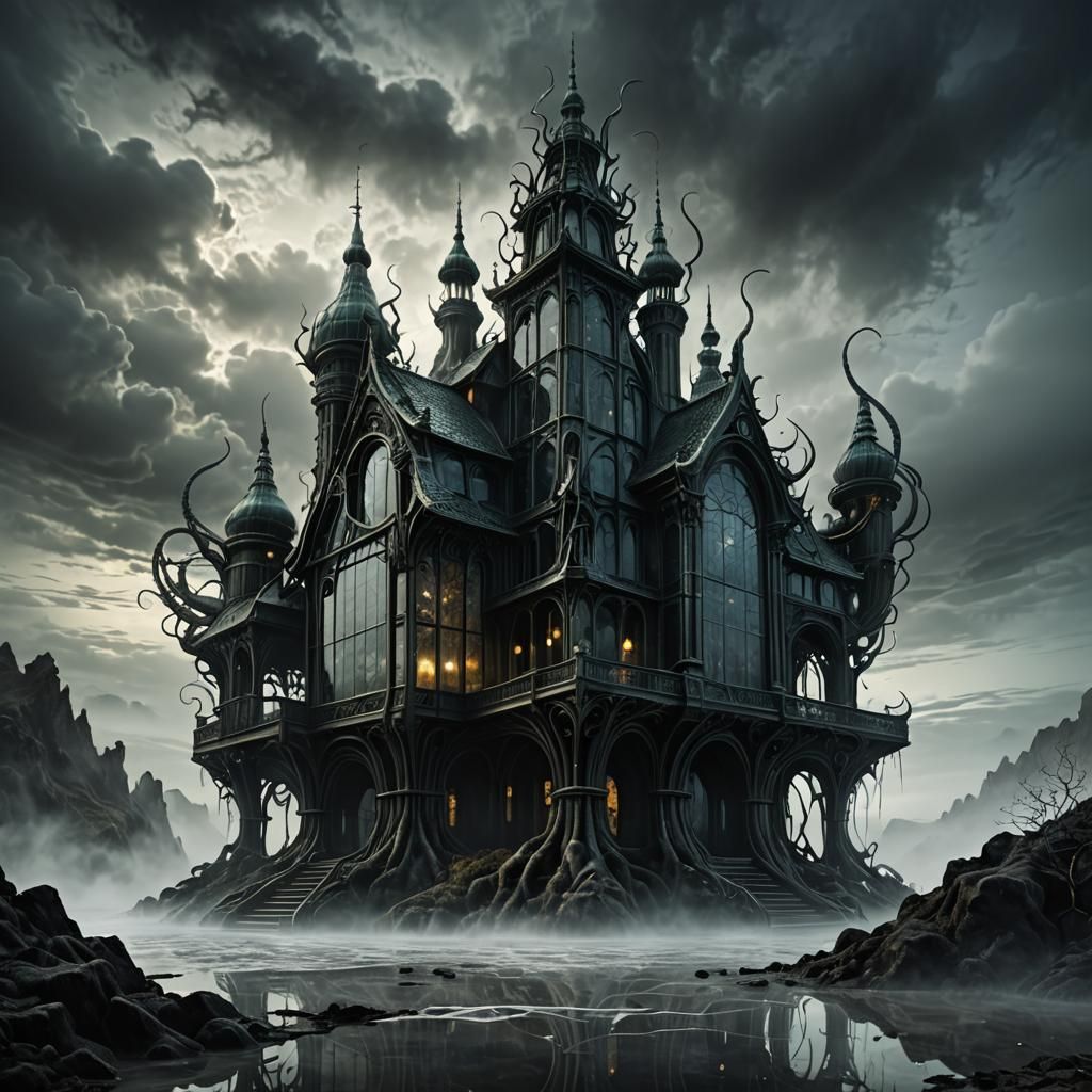 Glass Structure Constricted by Tendril in Dark Fantasy 3D Re...