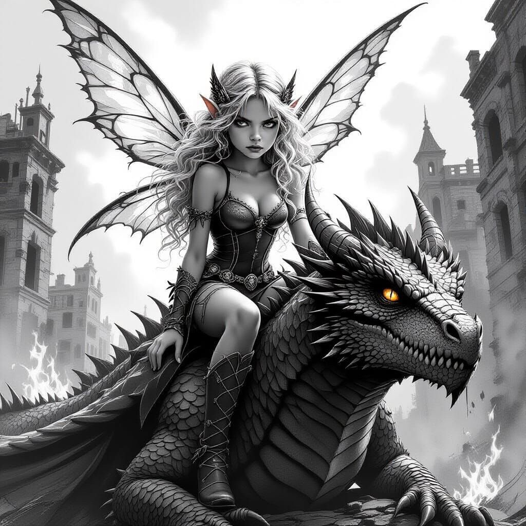 Young Fairy Rides Dragon in Monochromatic Greyscale Style