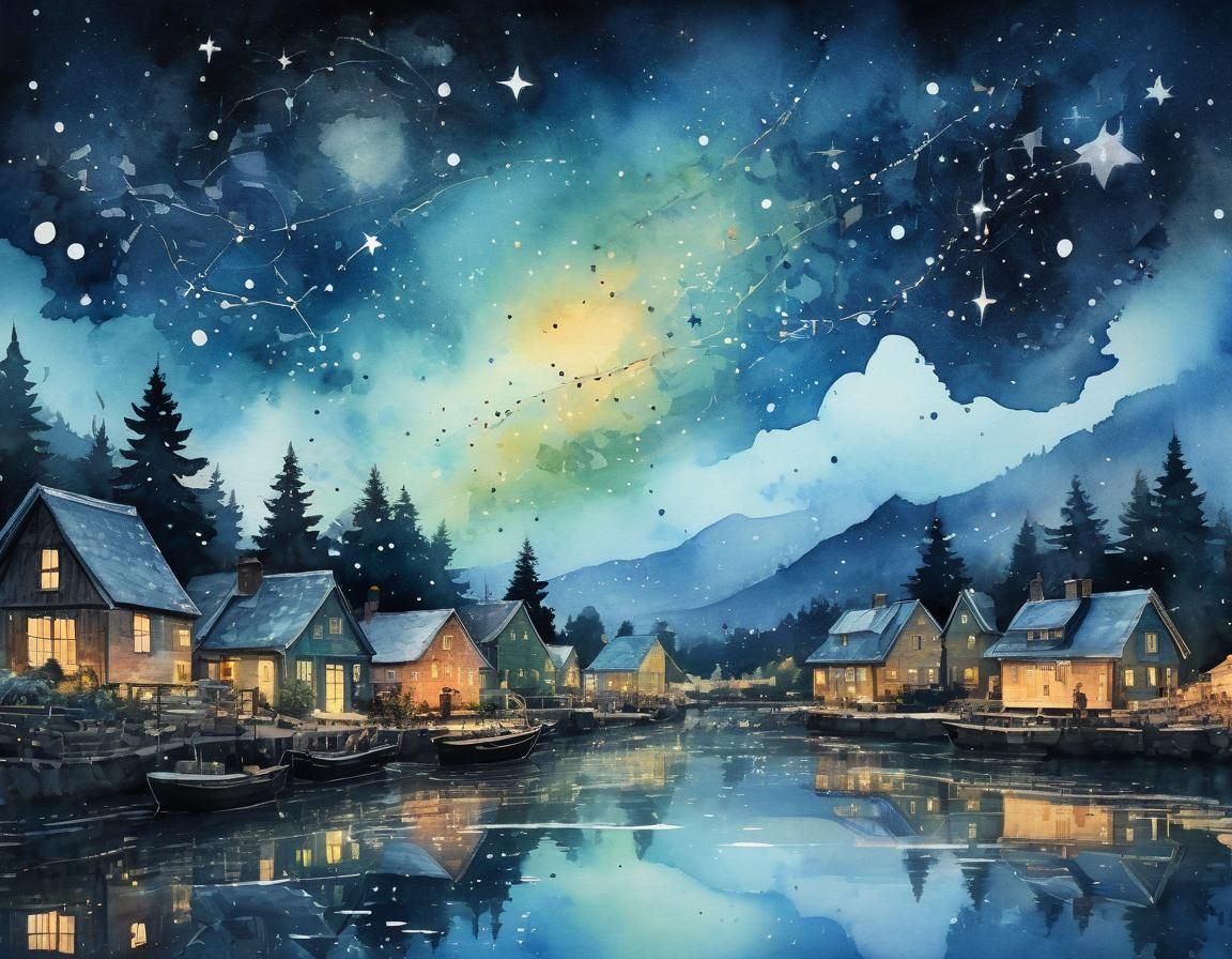 Watercolor Village with Starry Sky Double Exposure