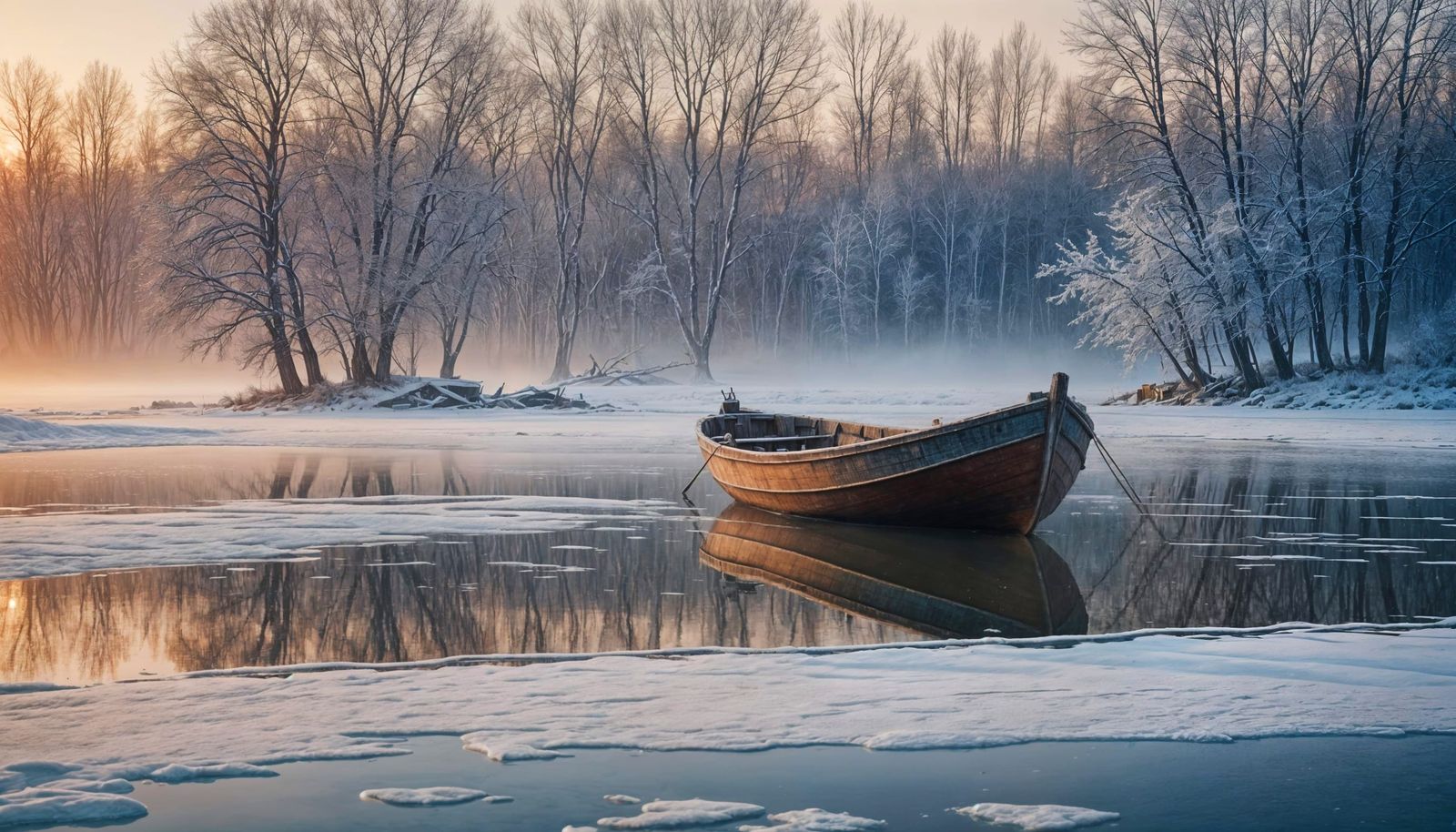 Old Boat on Frozen Lake in Winter Landscape