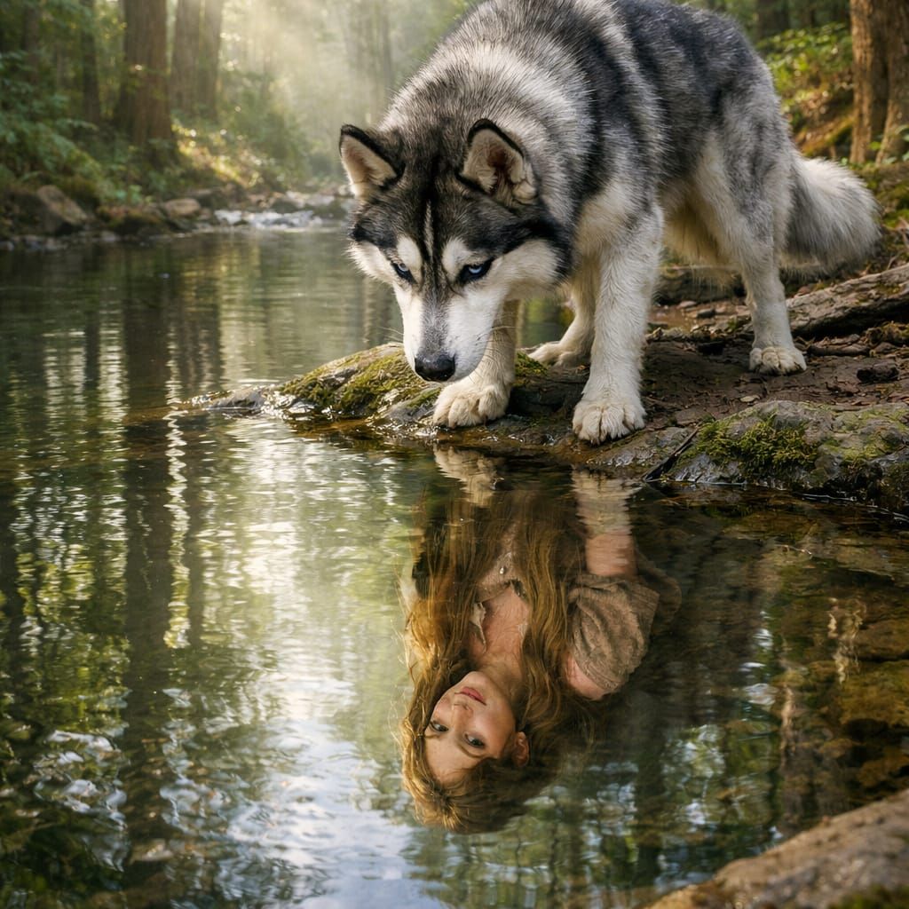 Husky Sees His Forest Master in Mystical River Reflection