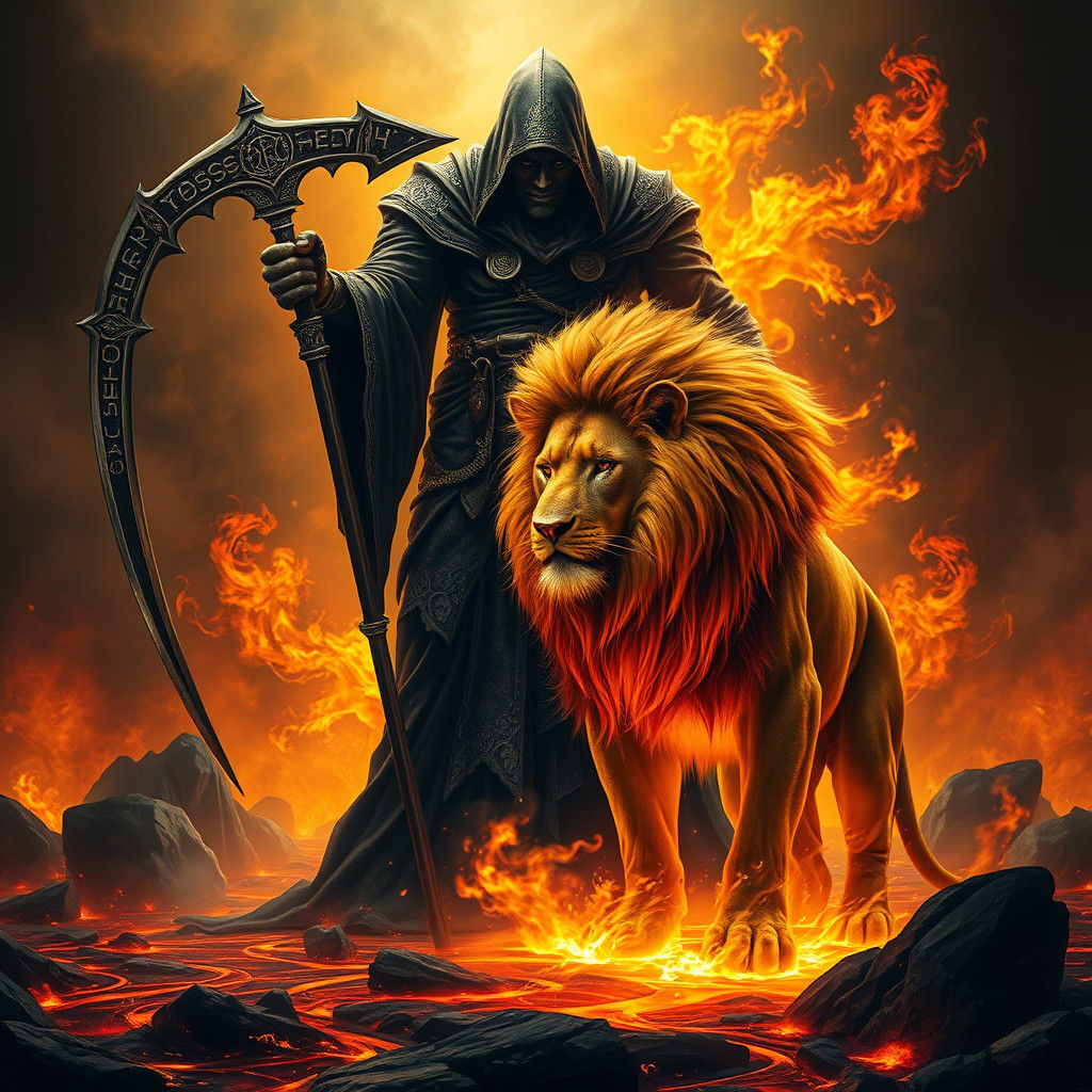 Dark Fantasy Scythe Figure and Lion in Golden Light