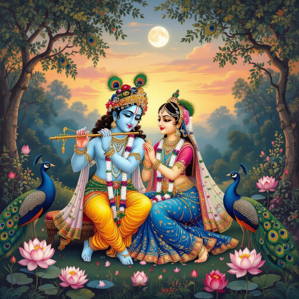 Radhe Krishna Embrace in Enchanting Forest