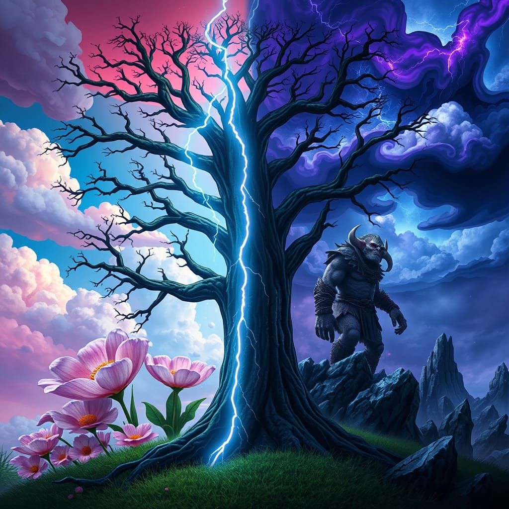 Tree Split by Lightning in Contrasting Worlds