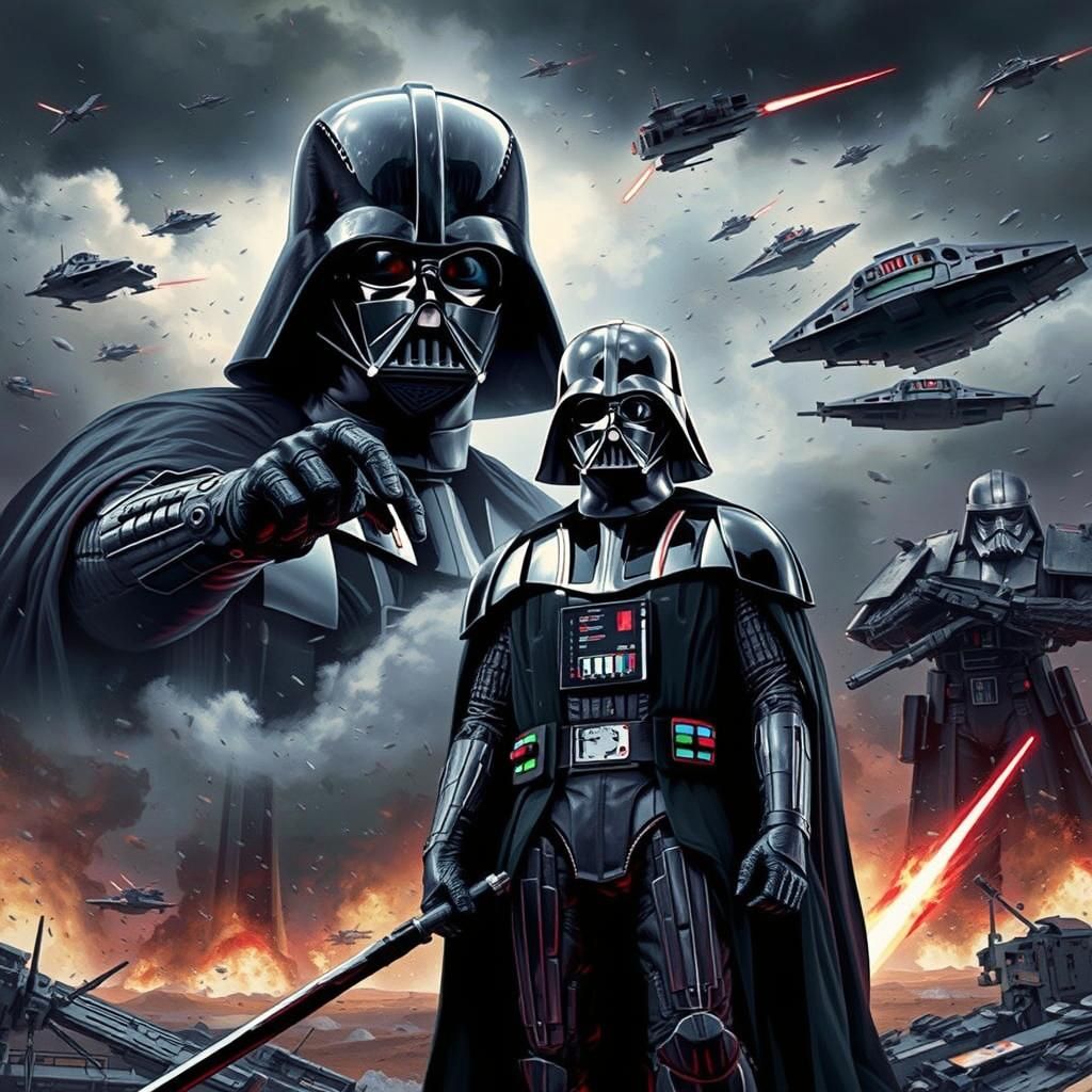 Darth Vader Amidst Stormy Battlefield, Sci-Fi Movie Poster