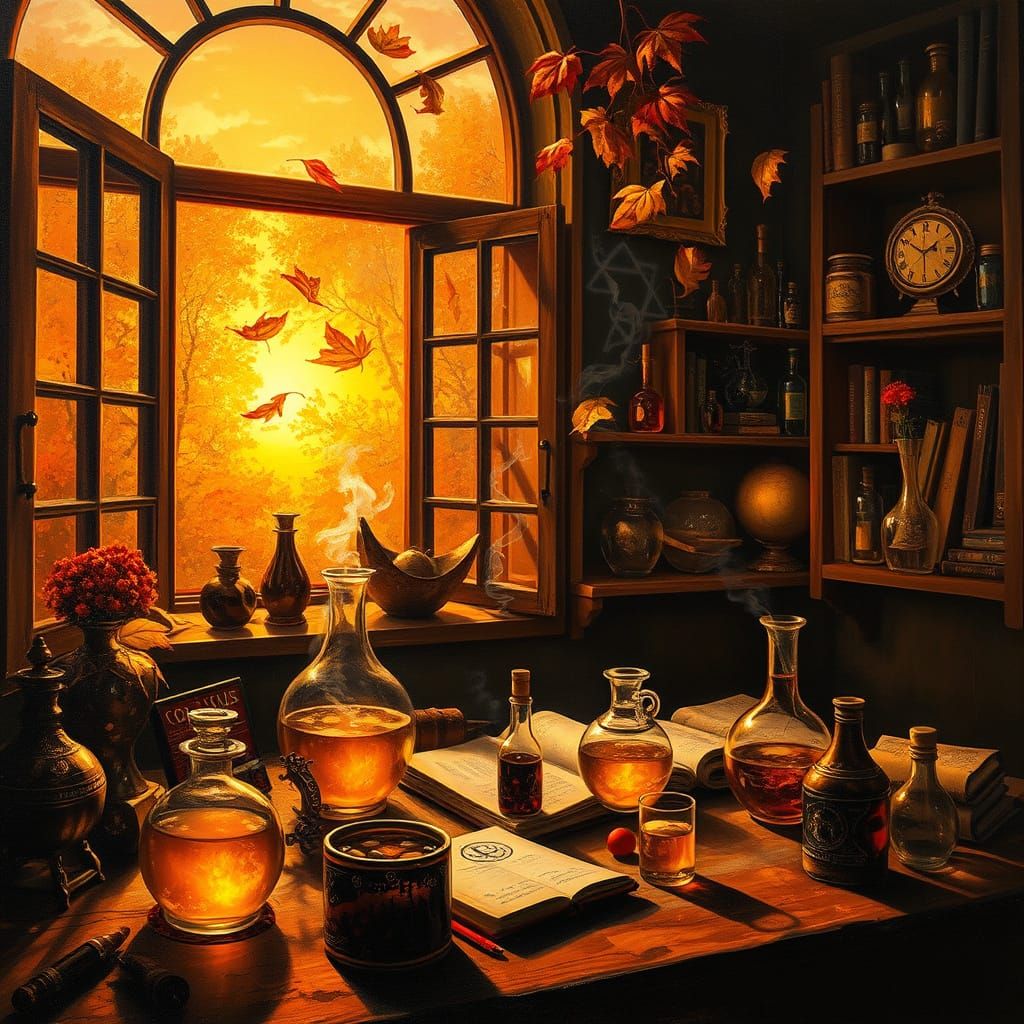 Alchemist's Study at Autumn Sunset Oil Painting