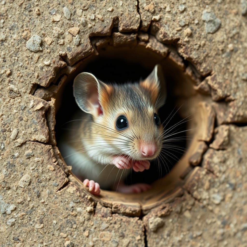 A Shy Mouse Hiding in Wall Hole