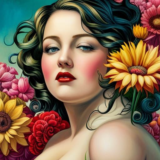 Floral Portrait of Voluptuous Woman in Baroque Style