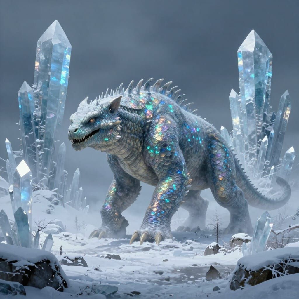 Ancient Iridescent Beast in Surreal Snowscape