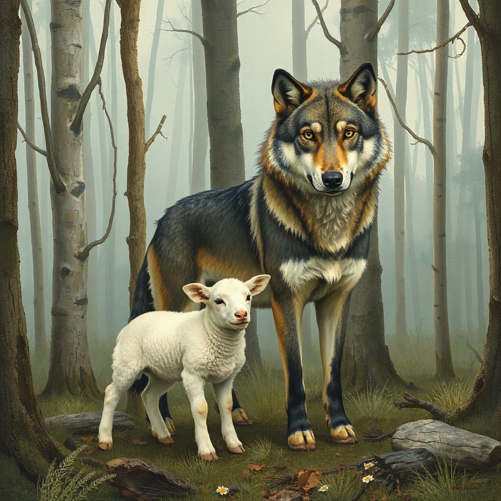 Wolf and Lamb in Forest, Detailed Whimsical Style