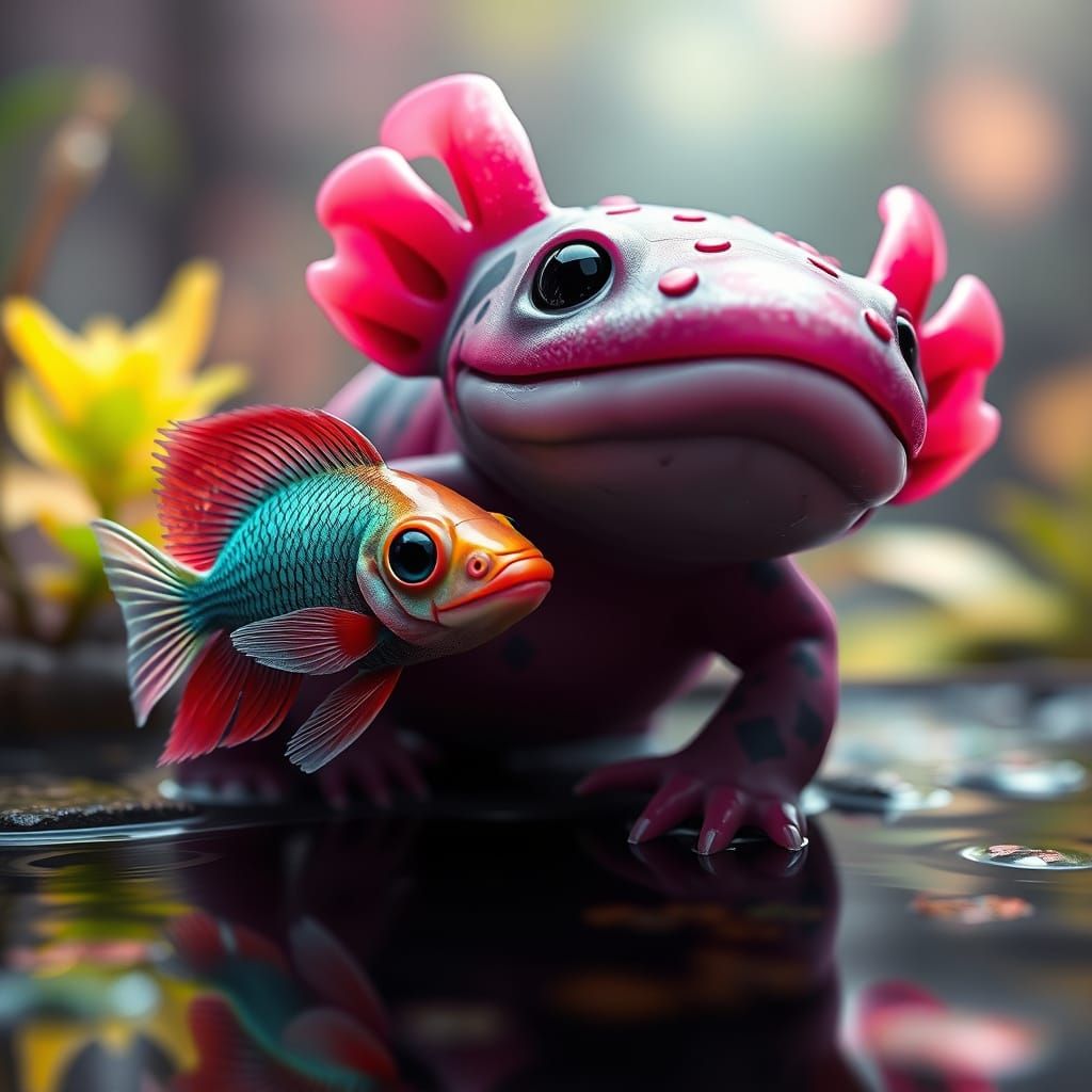 Adorable Axolotl and Betta Fish in Hyperrealistic Rainforest...