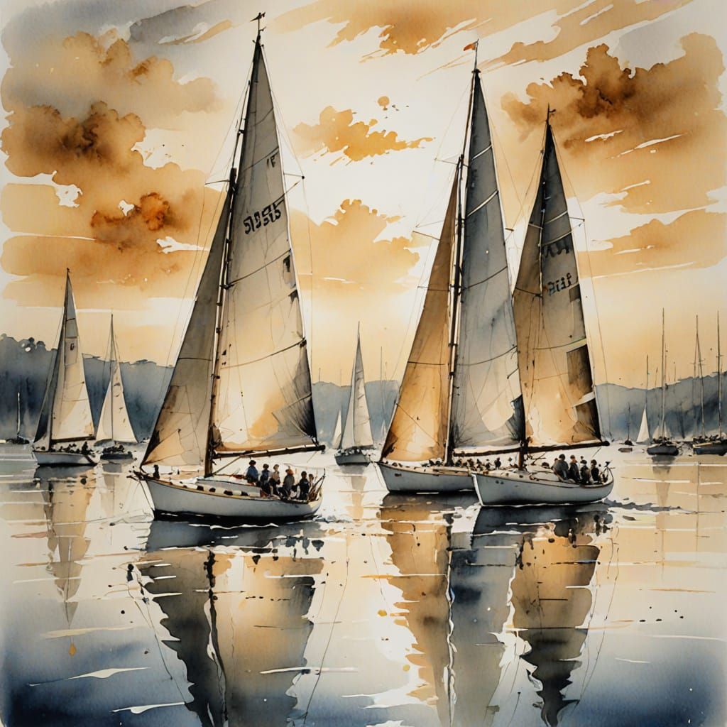 Sail boat race  water  European ink painting