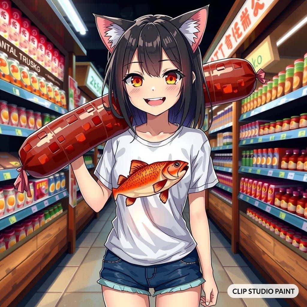 Sly Anime Girl Stands with Sausage, Cat Ears, and Fish T-Shi...