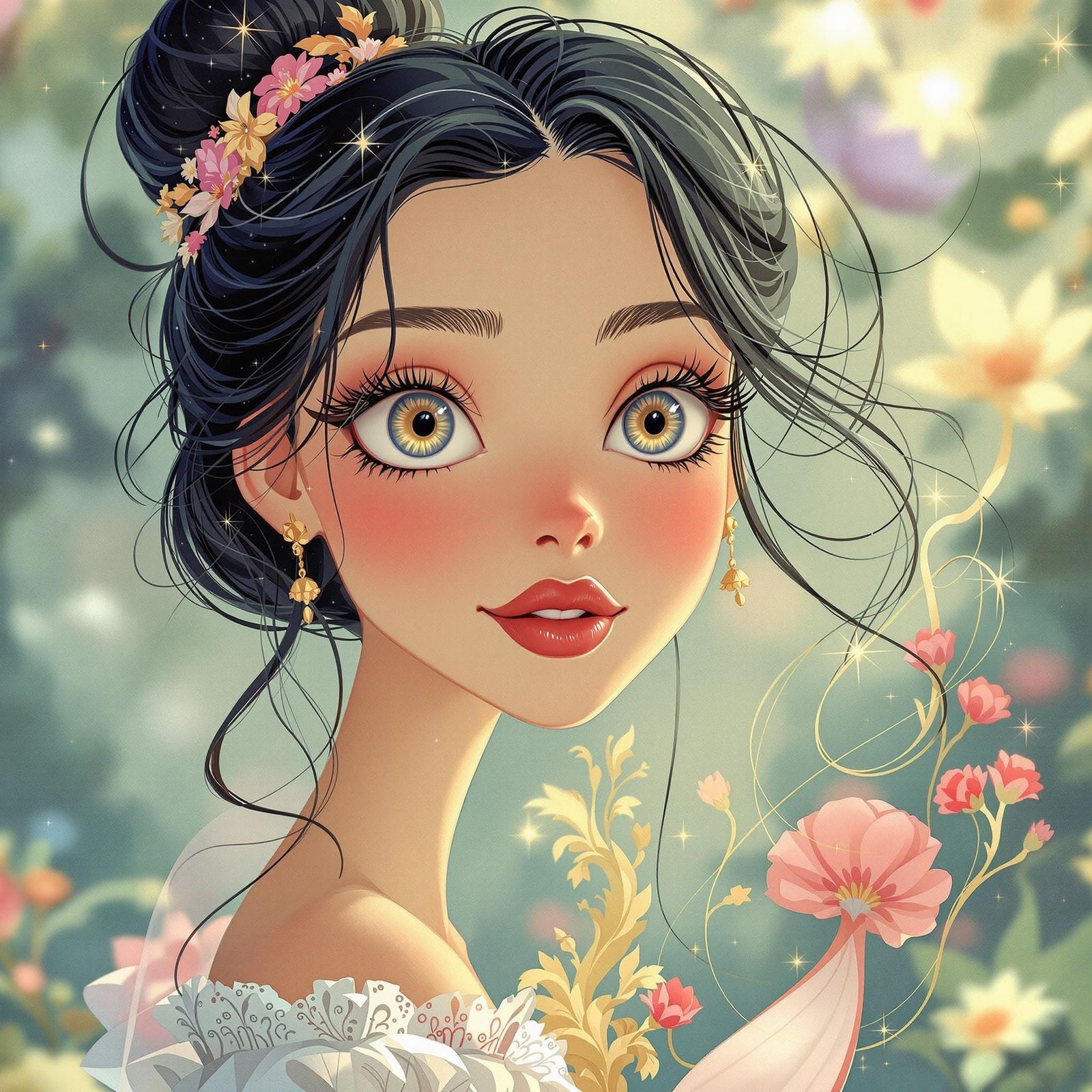 Whimsical Renaissance-Style Cartoon Woman