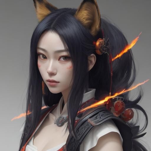 Anime Kitsune with Samurai Mask and Lantern