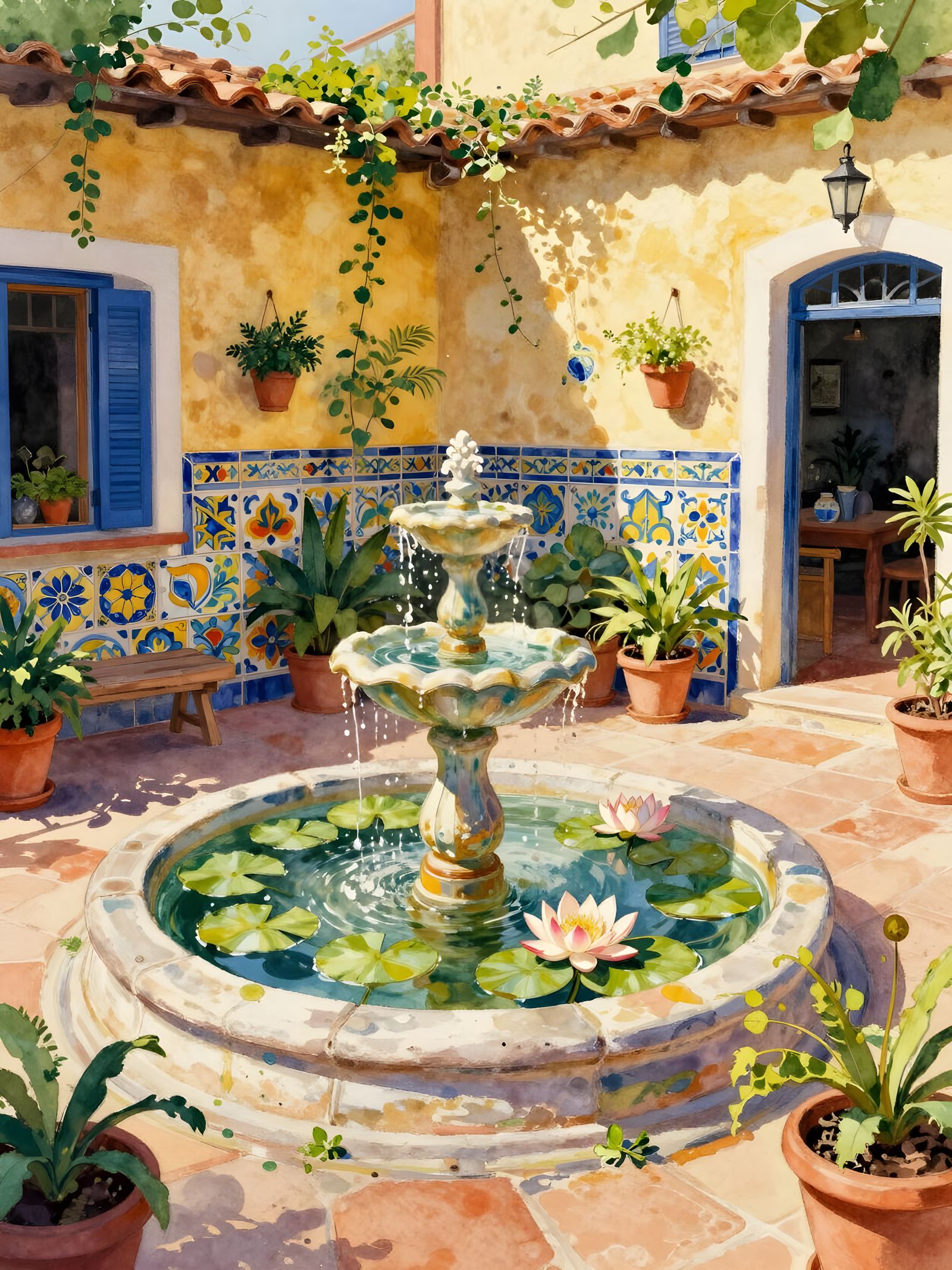 Vibrant Mediterranean Patio in Golden Sunlight