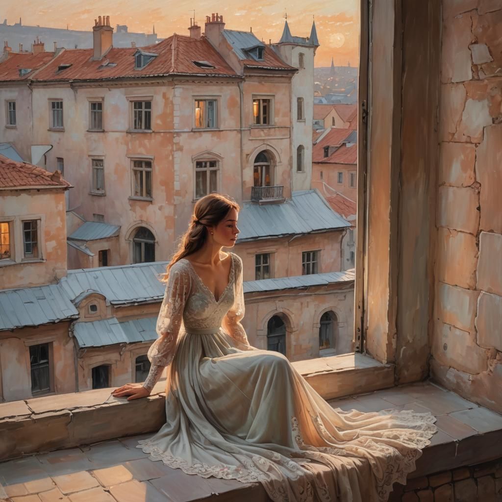 Impressionistic Girl in Dress Gazing at Cityscape