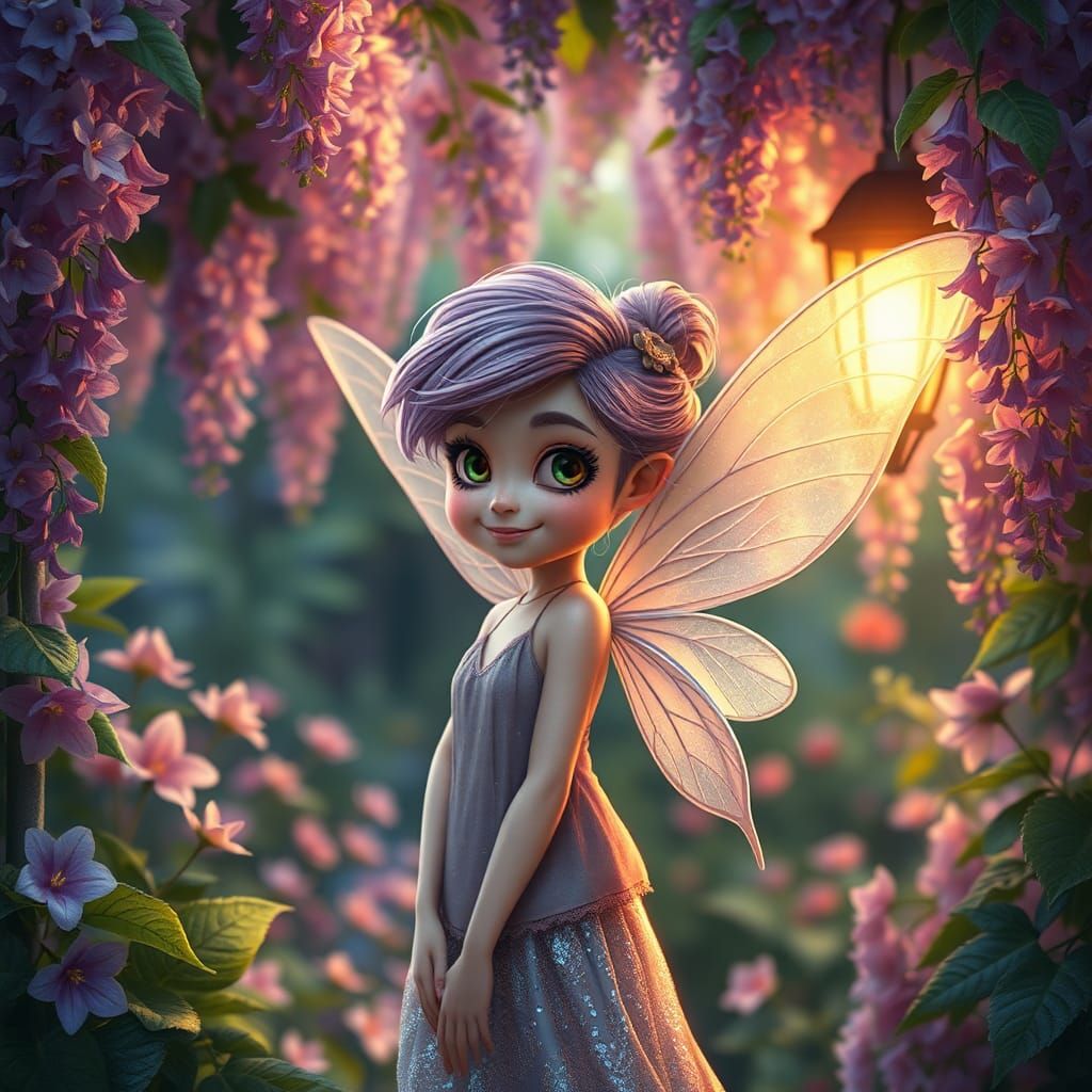 Ethereal Fairy in Wisteria Arbor, Hyperrealistic Scene