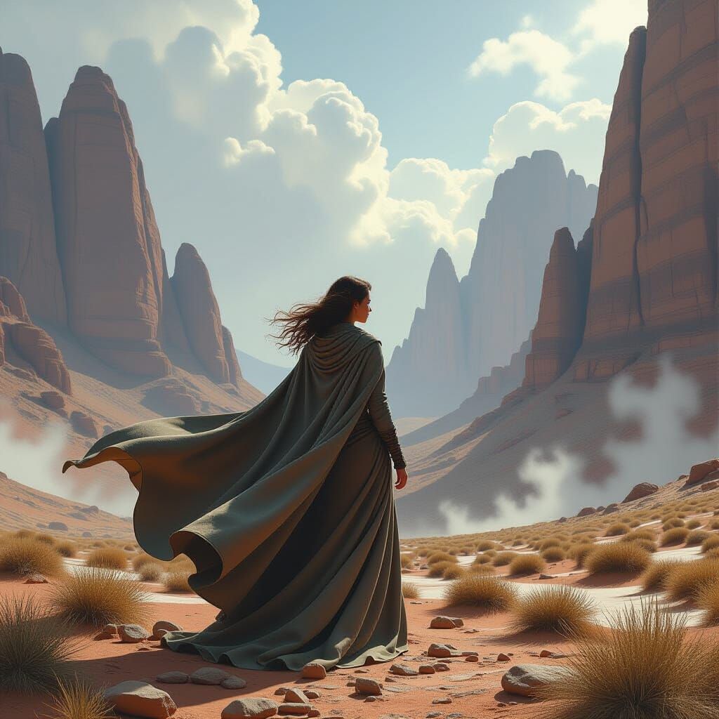 Woman in Windswept Mountains, Stalenhag Style