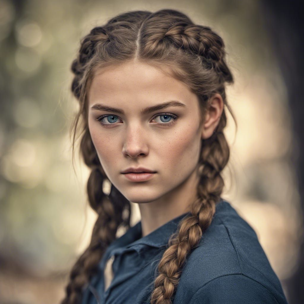 Hyperrealistic Portrait of a Serious Girl with Freckles