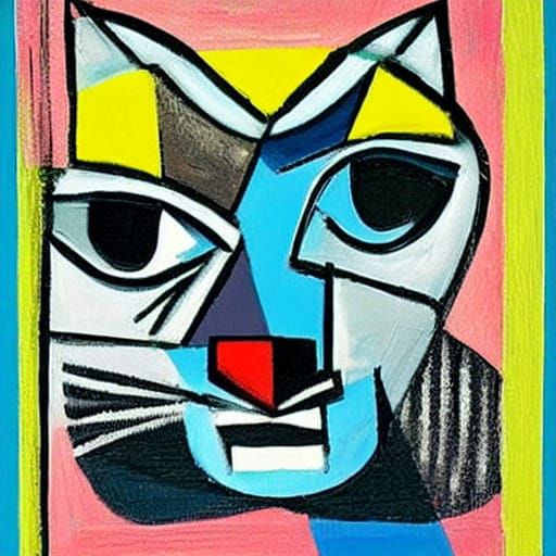 cat, abstract painting, geometric pattern, cubist body, asym...