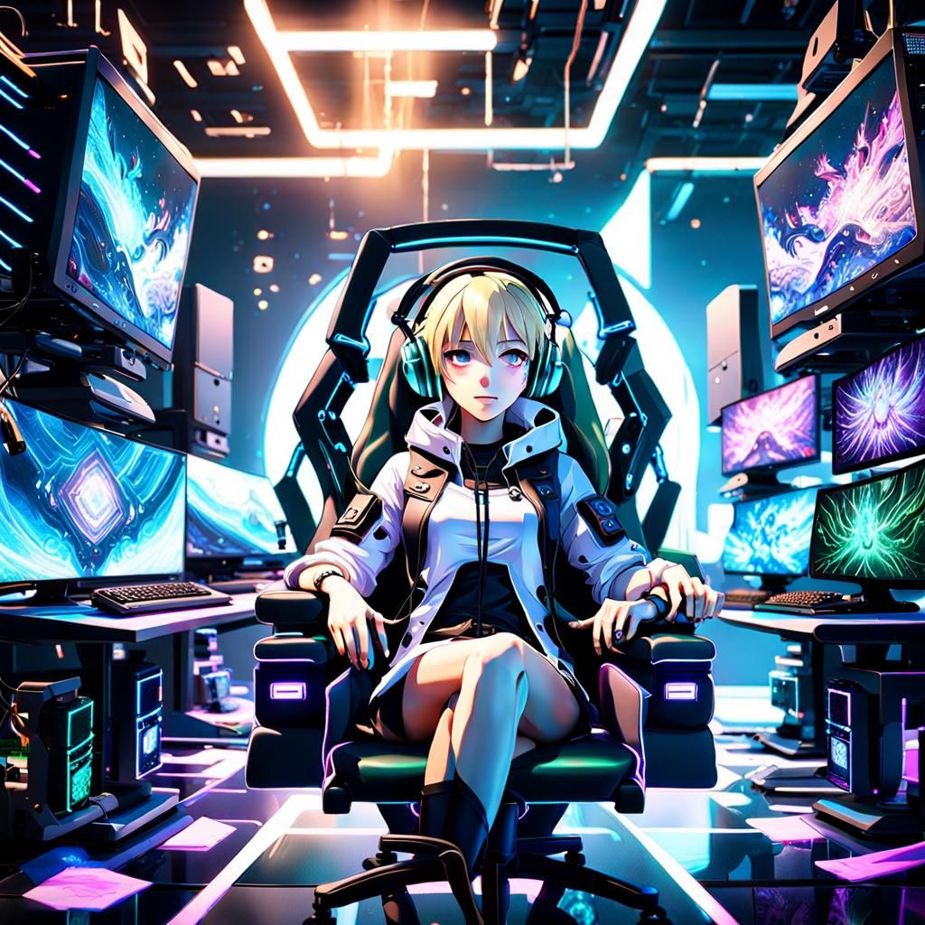 Anime Girl in Cyberpunk Gaming Lab