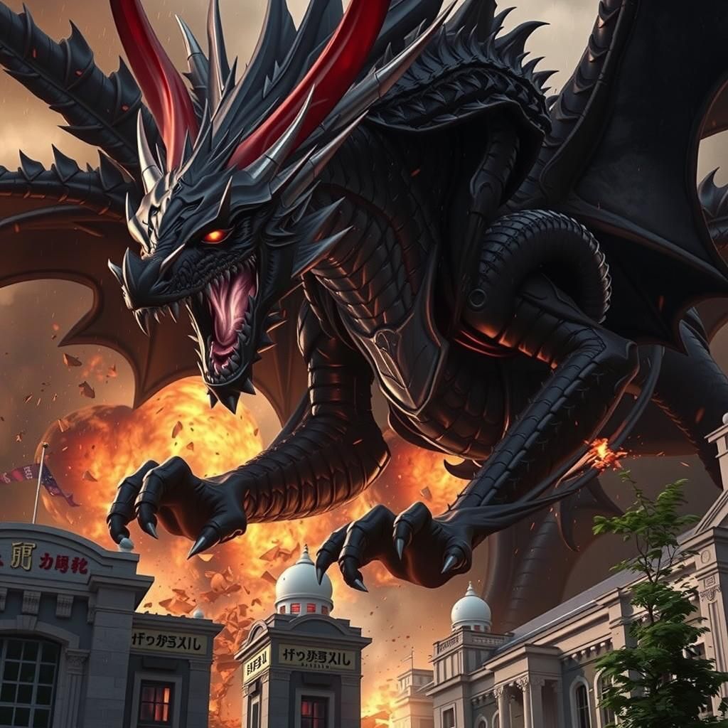 Fierce Black Dragon Destroys Hospital in Anime Art