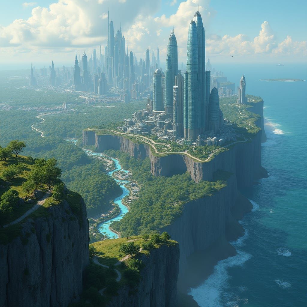 Dystopian Cityscape with Canals and Glass Buildings