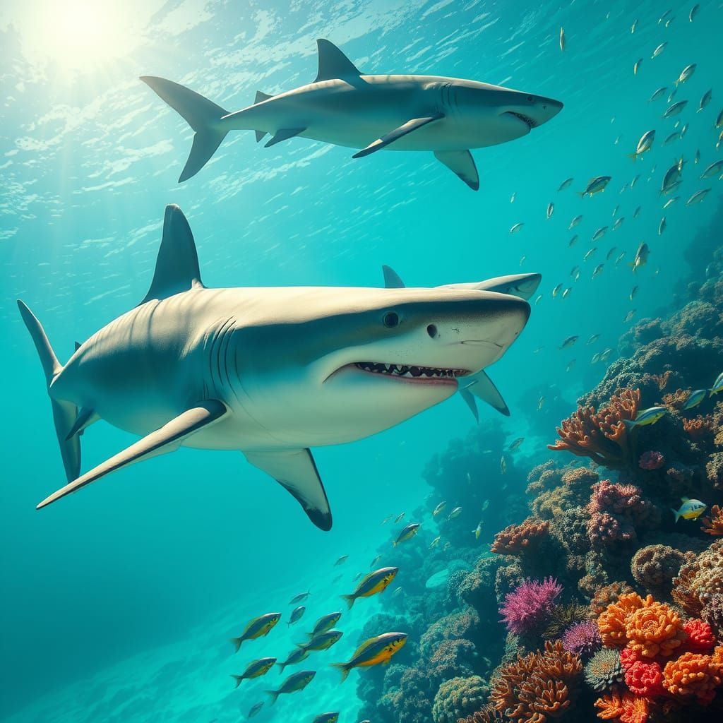 Majestic Sharks in a Vibrant, Dreamlike Ocean