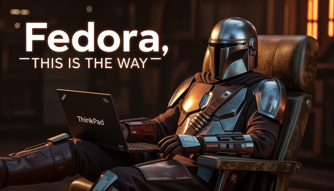 Mandalorian Relaxing with Fedora Linux in Futuristic Style