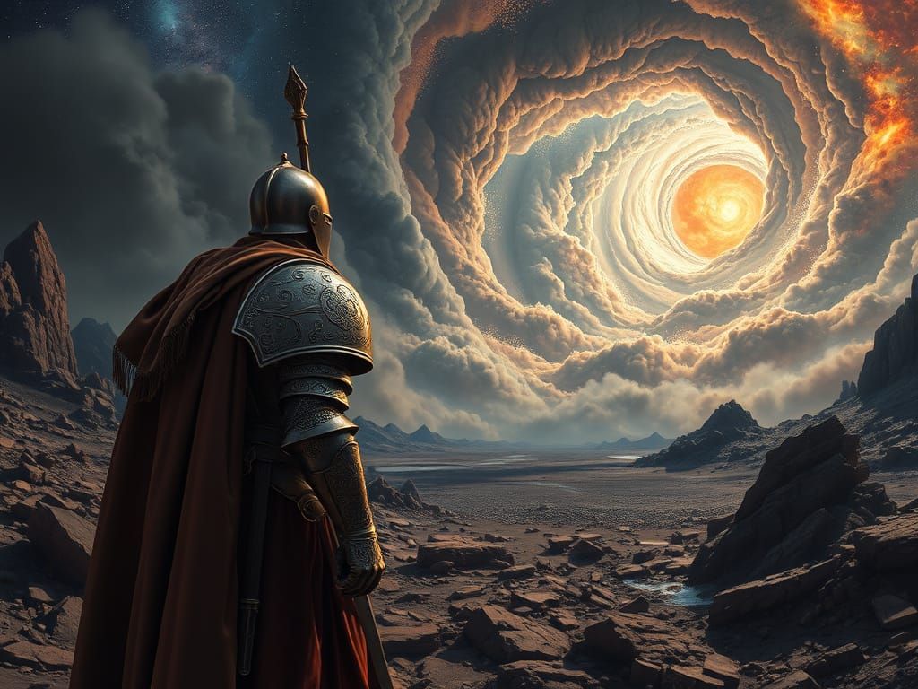 Knight Gazes Into Cosmic Vortex in Renaissance Armor